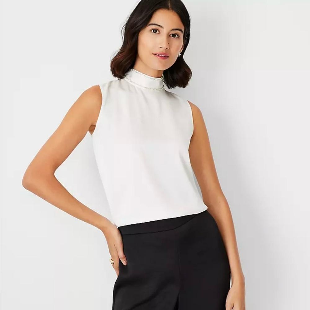 Ann Taylor Crystal Trim Mock Neck Shell